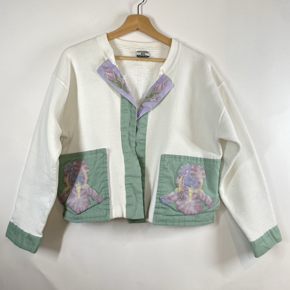 Handmade Women's Sweatshirt Cardigan Floral Granny Church Cottagecore Size Large